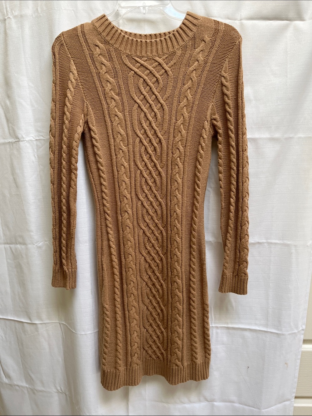 Cable Knit Long Sleeve Bodycon Sweater Pencil Dress — Camel